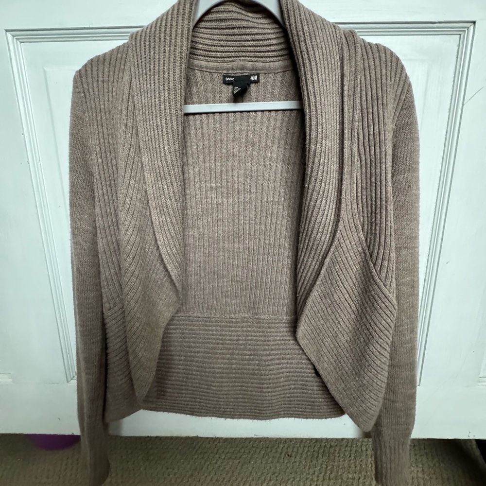 H&M Women's Taupe Shawl-Collar Ribbed Cardigan Sweater